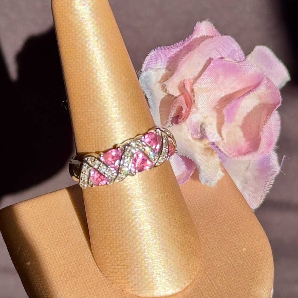 Gorgeous Pink Sapphire & Diamonds Wide Band Ring In 14k White Gold